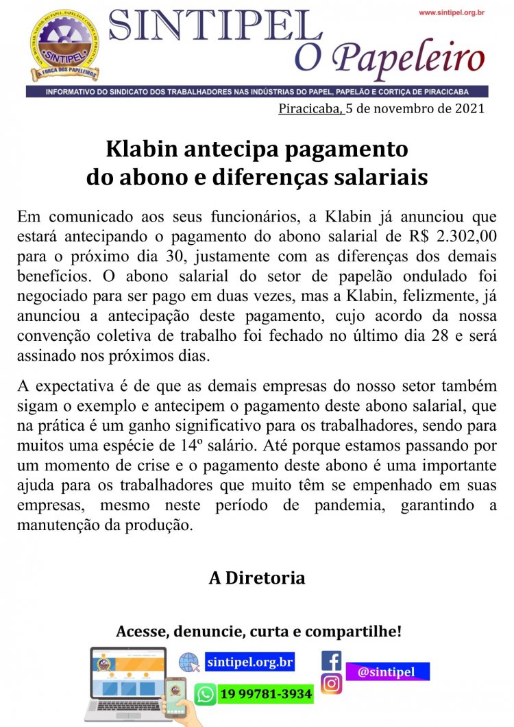 Klabin antecipa pagamento do abono e diferenças
