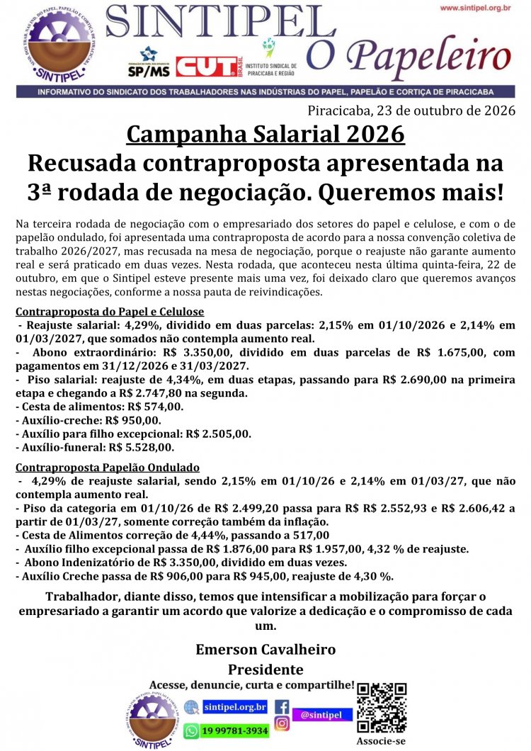 Campanha Salarial 2026 Recusada contraproposta apresentada na 3ª rodada de