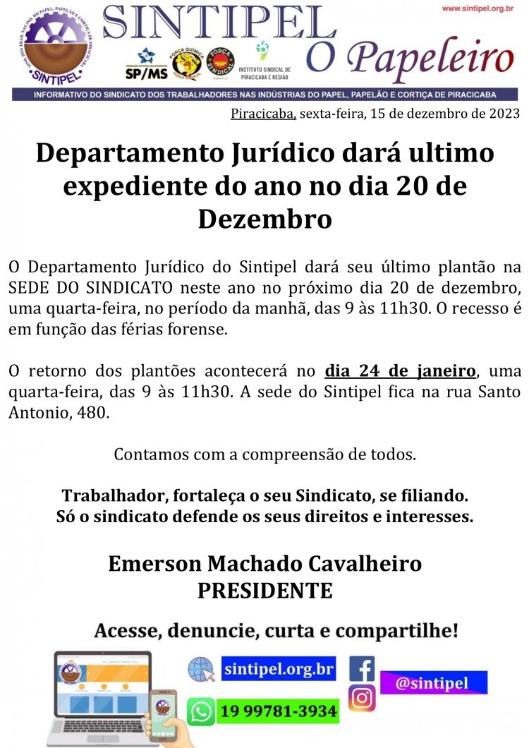 Departamento Jurídico dará ultimo expediente do ano no dia 20 de Dezembro