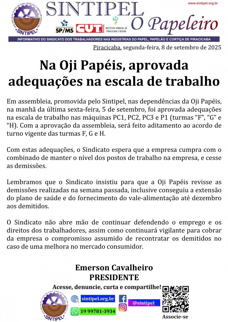 Na Oji Papéis, aprovada adequações na escala de