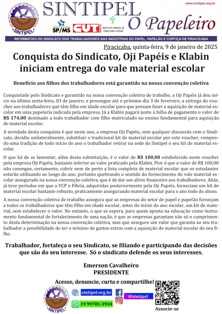 Conquista do Sindicato, Oji Papéis e Klabin iniciam entrega do vale