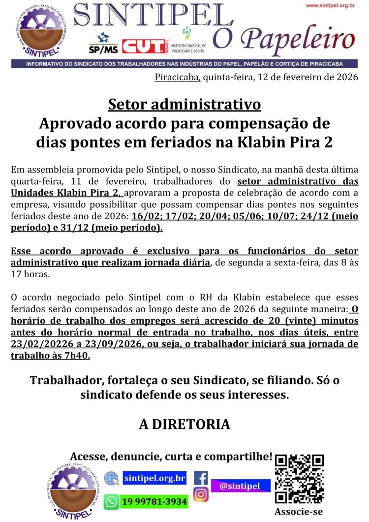 Setor administrativo Aprovado acordo para compensação de dias pontes em feriados na