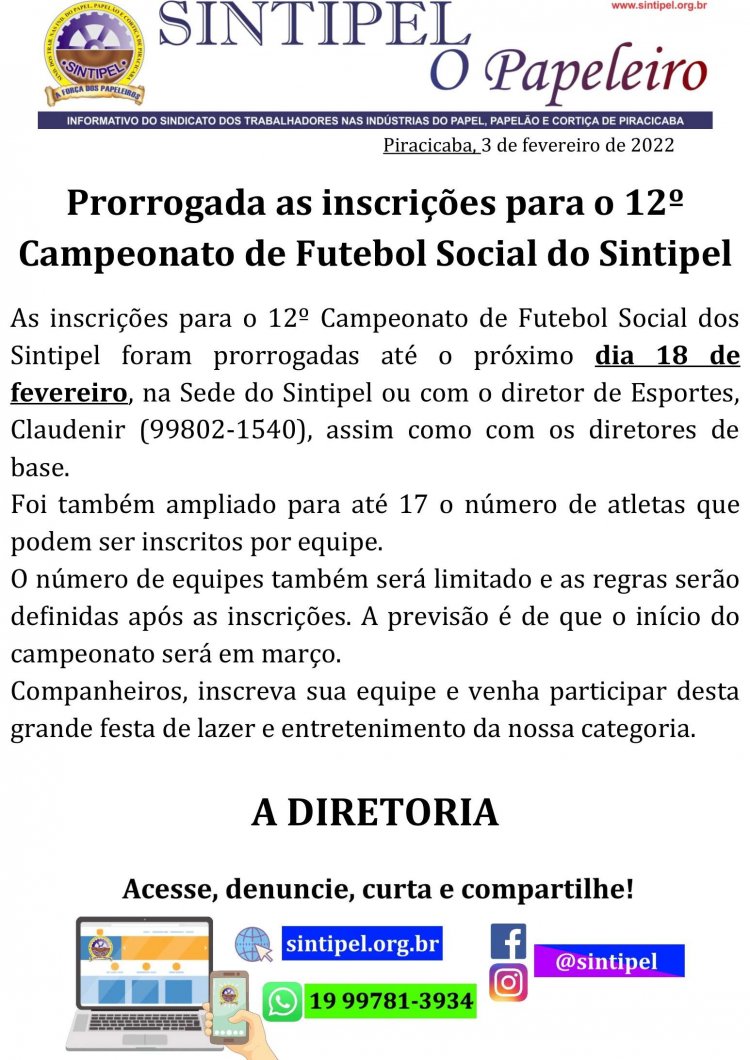 Prorrogada as inscrições para o 12º Campeonato de Futebol Social