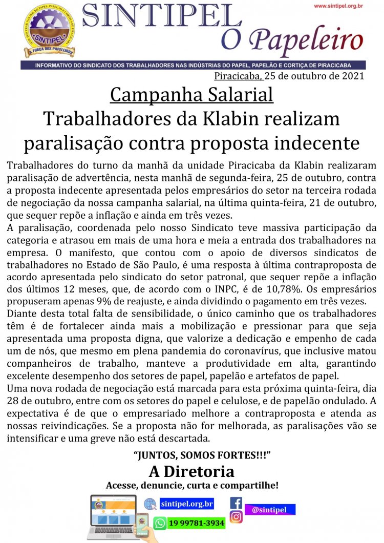 Trabalhadores da Klabin realizam paralisação contra proposta