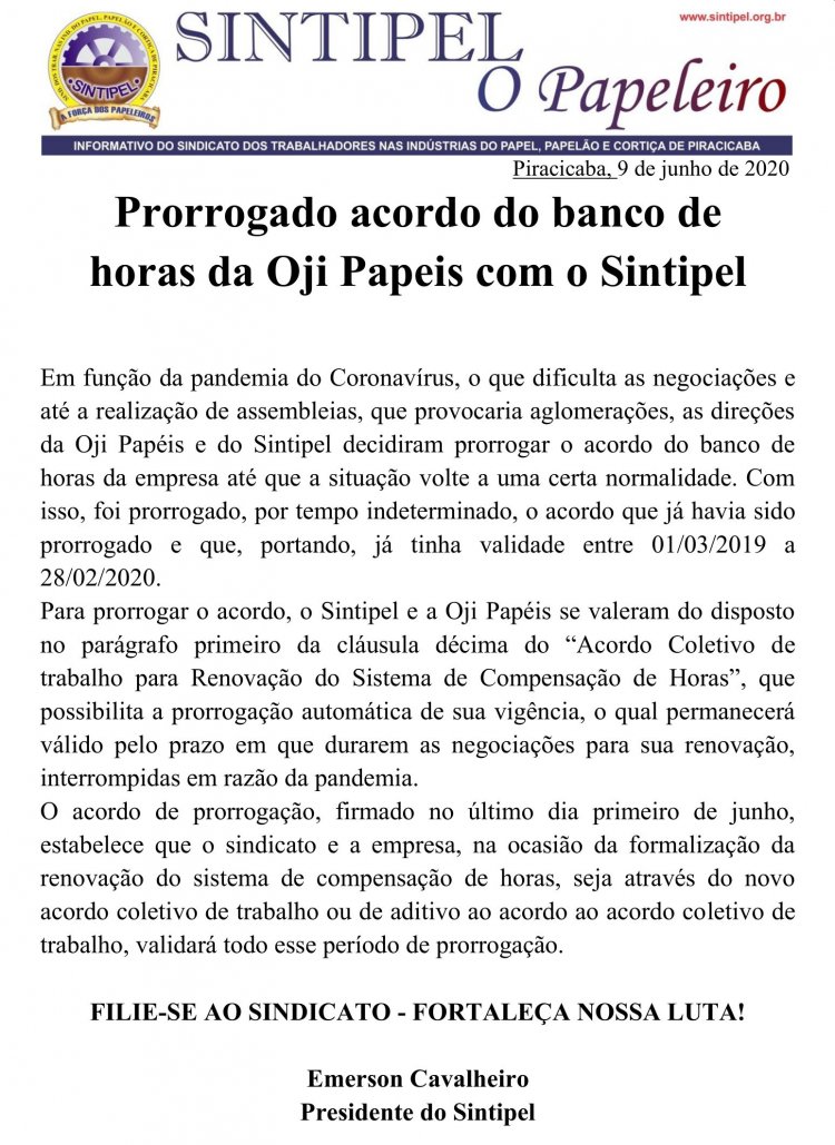 Prorrogado acordo do banco de horas da Oji Papeis com o