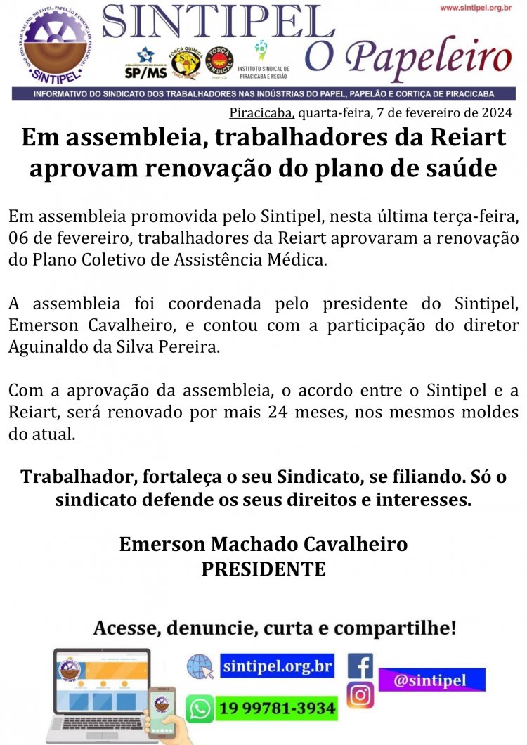 Em assembleia, trabalhadores da Reiart aprovam renovação do plano de saúde