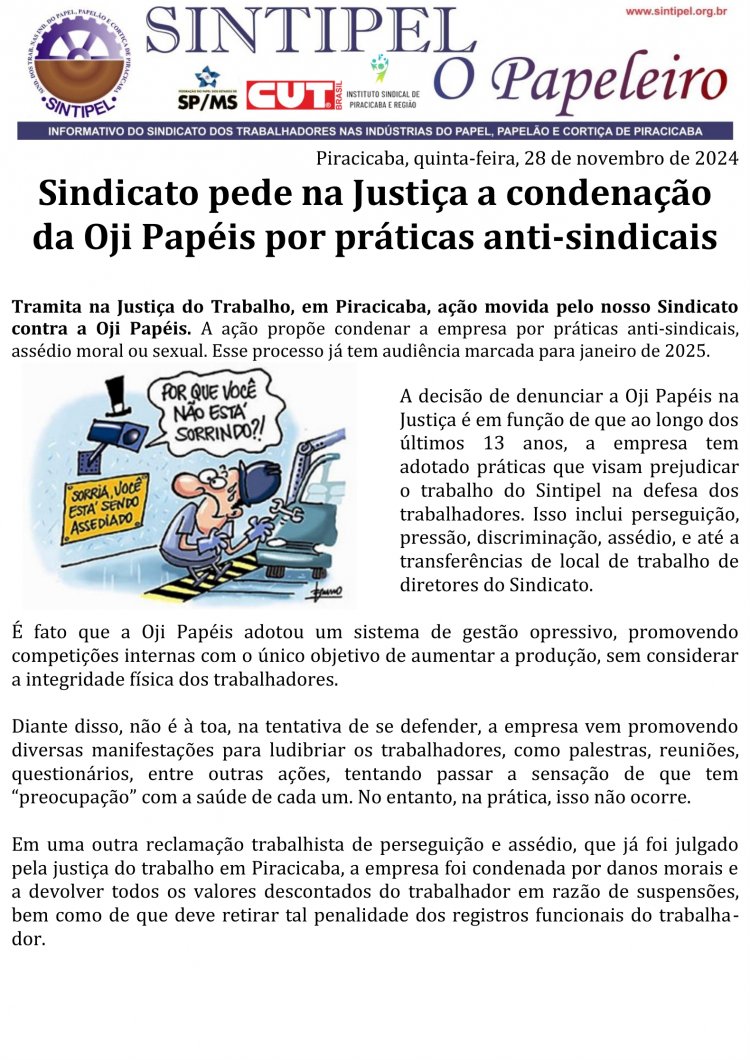 Sindicato pede na Justiça a condenação da Oji Papéis por práticas anti-sindicais