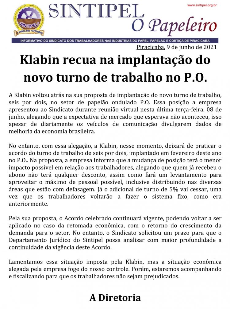 Klabin recua na implantação do novo turno de trabalho no P.O