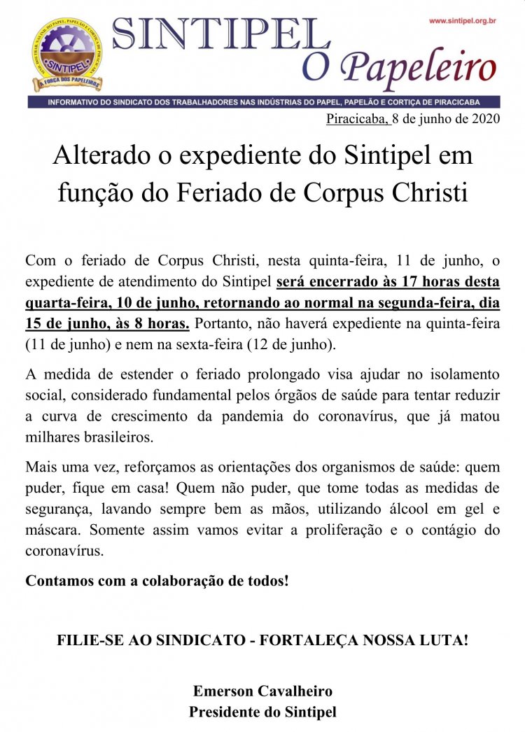 Alterado o expediente do Sintipel em função do Feriado de Corpus