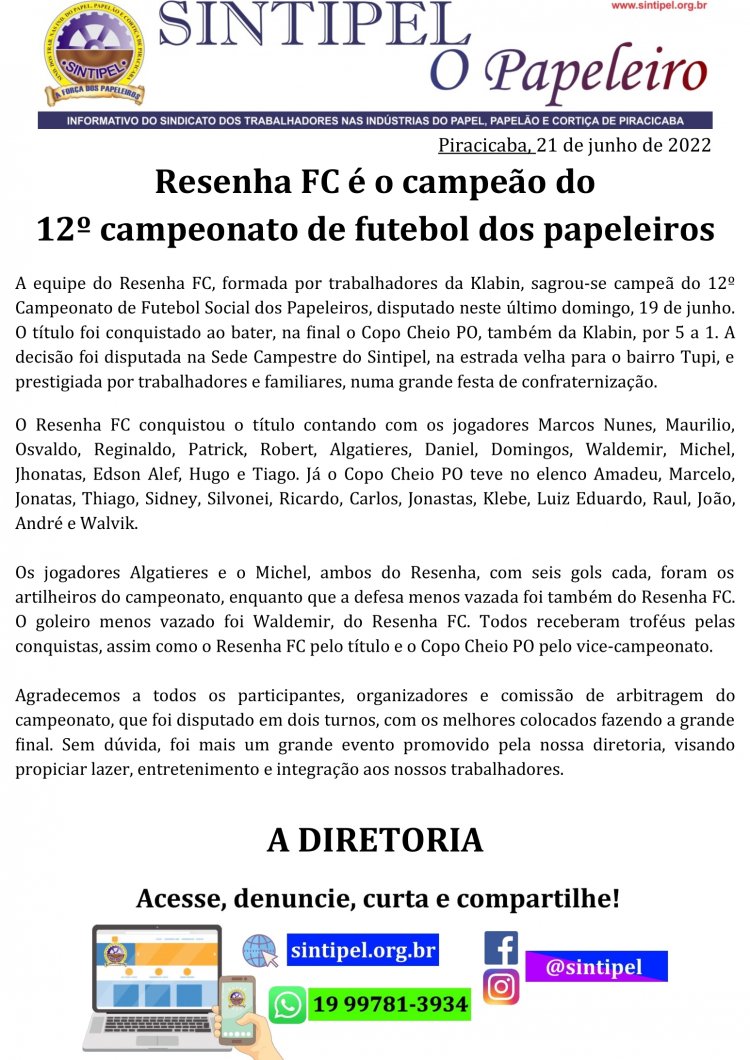Resenha FC é o campeão do 12º campeonato de futebol dos