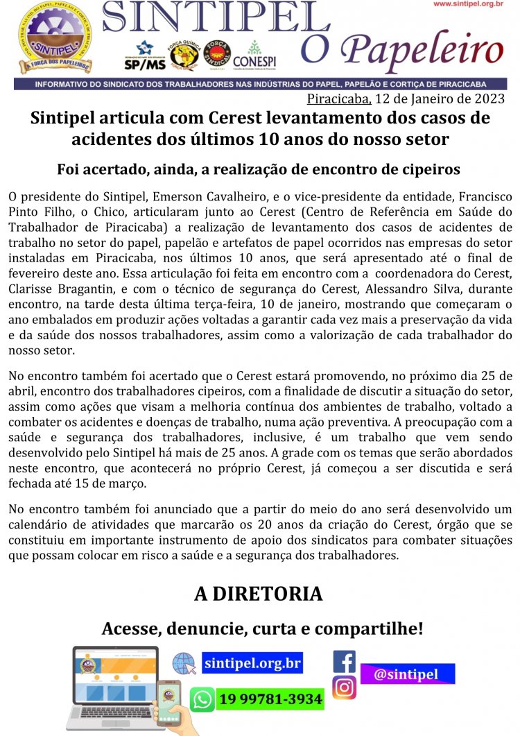 Sintipel articula com Cerest levantamento dos casos de acidentes dos últimos 10 anos do nosso setor