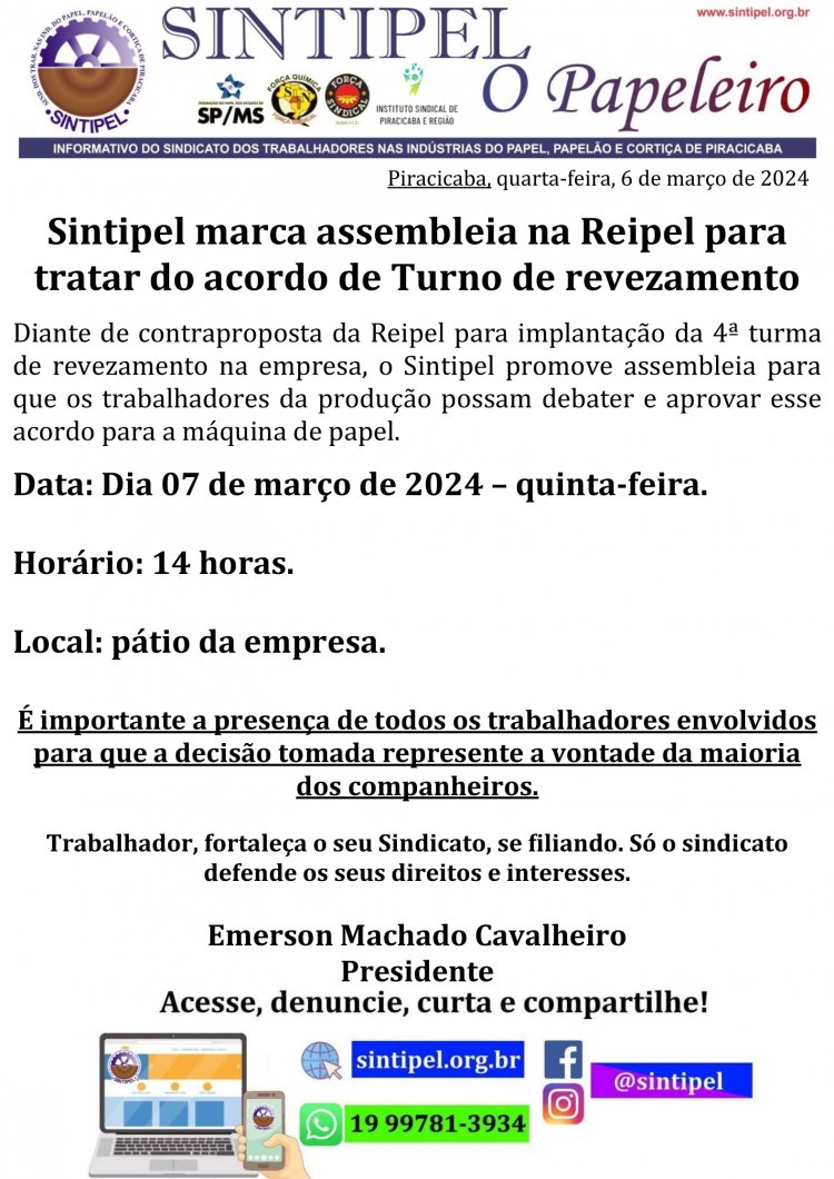 Sintipel marca assembleia na Reipel para tratar do acordo de Turno de