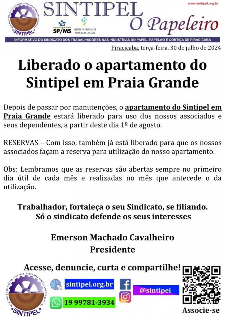 Liberado o apartamento do Sintipel em Praia