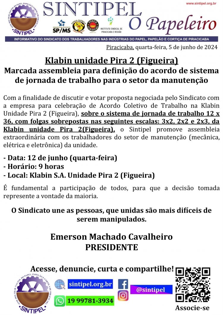Klabin unidade Pira 2 (Figueira) Marcada assembleia para definição