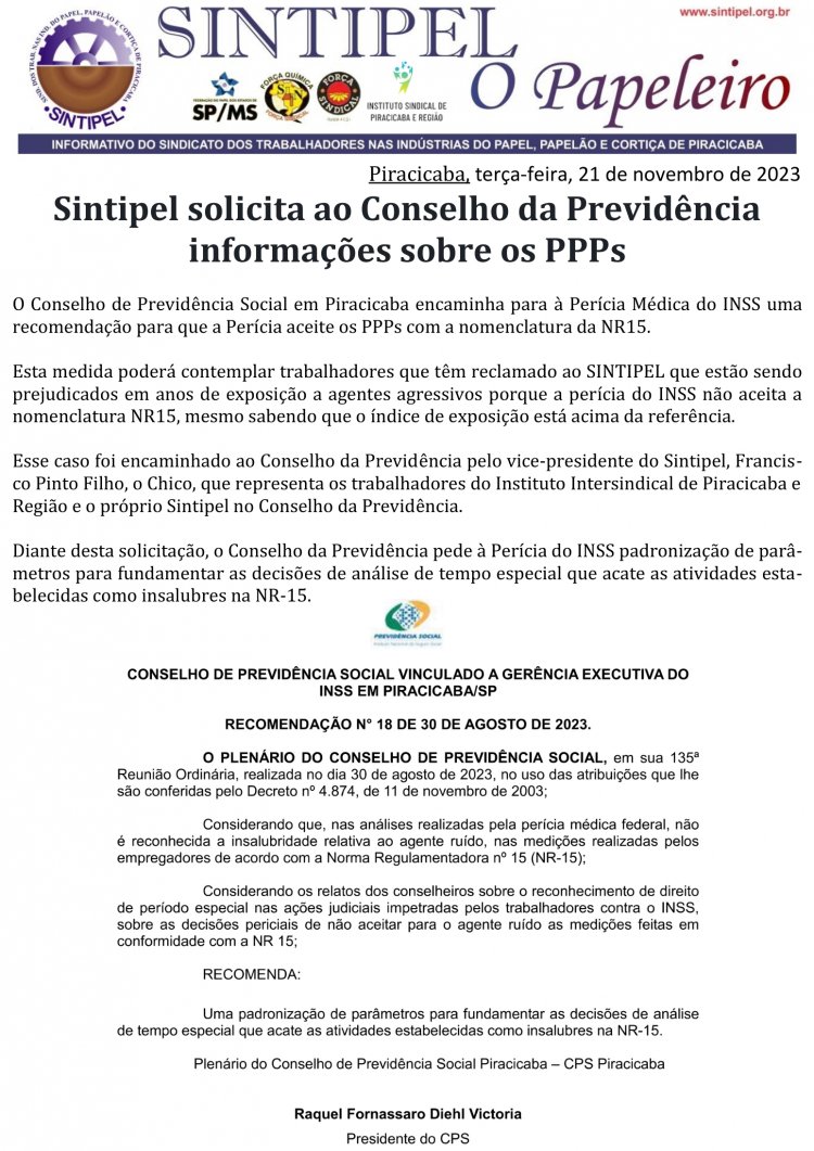 Sintipel solicita ao Conselho da Previdência informações sobre os PPPs