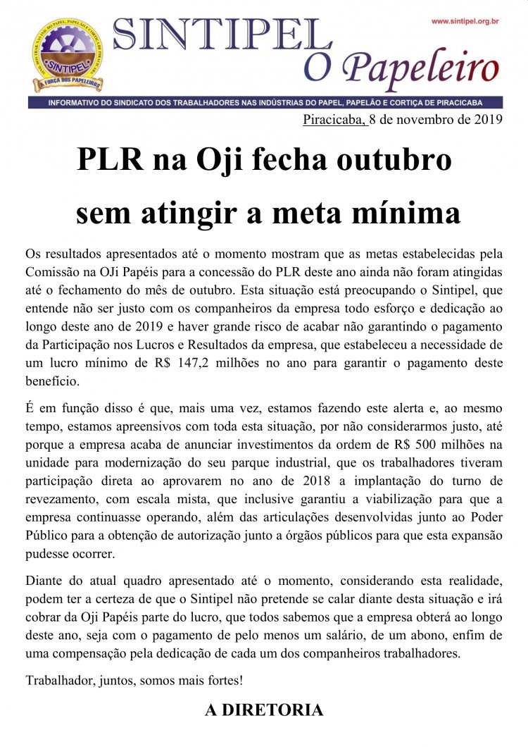 PLR na Oji fecha outubro sem atingir a meta