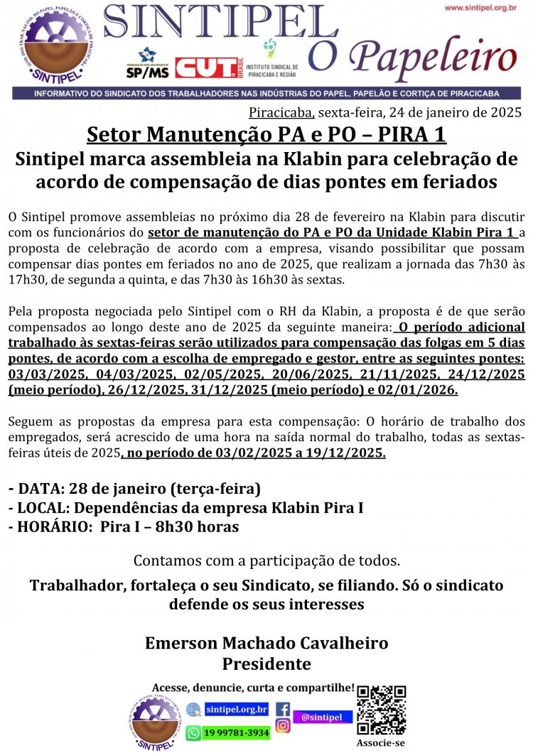 Setor Manutenção PA e PO ? PIRA 1  Sintipel marca assembleia na