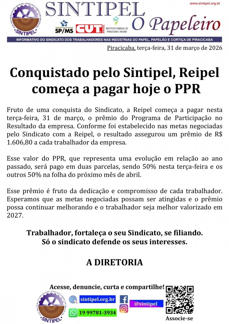 Conquistado pelo Sintipel, Reipel começa a pagar hoje o