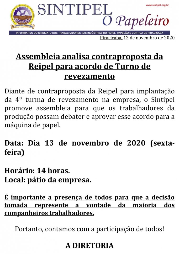 Assembleia analisa contraproposta da Reipel para acordo de Turno de