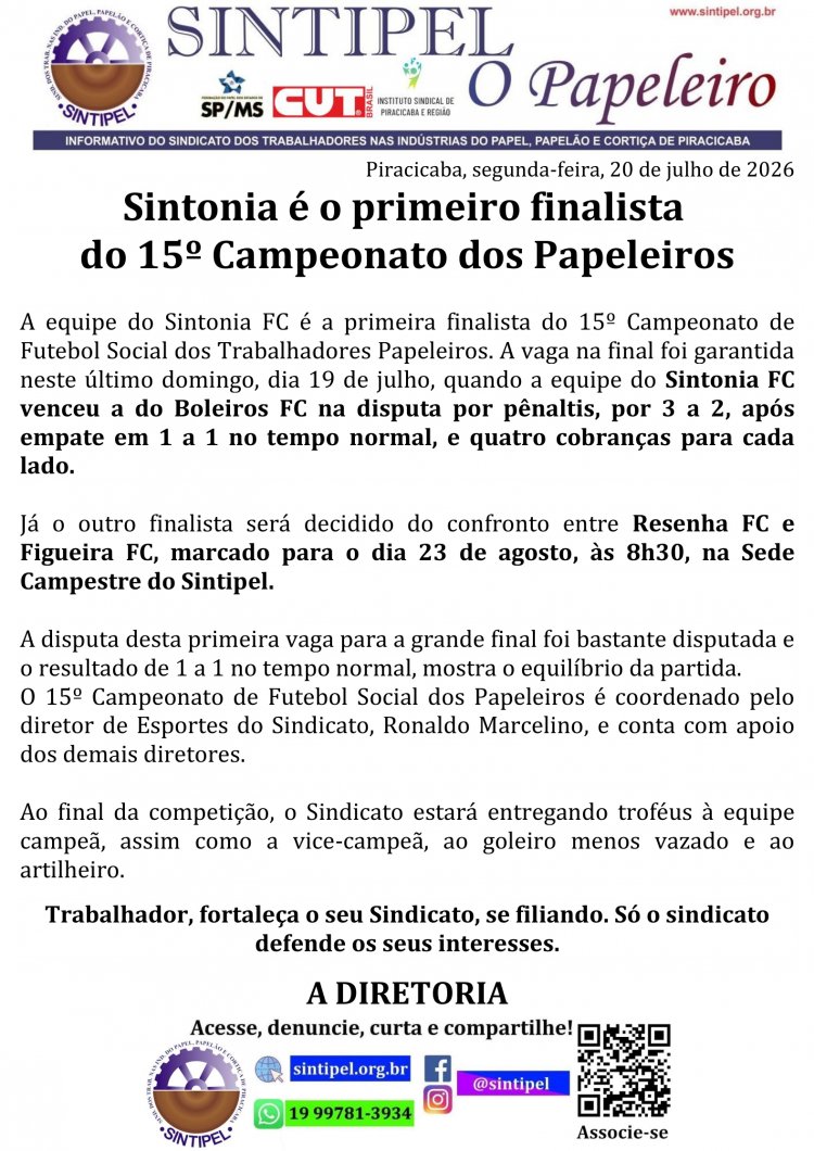 Sintonia é o primeiro finalista do 15º Campeonato dos