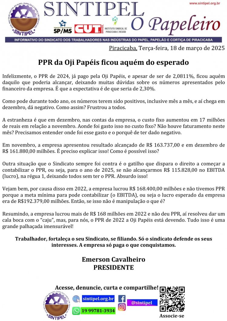 PPR da Oji Papéis ficou aquém do