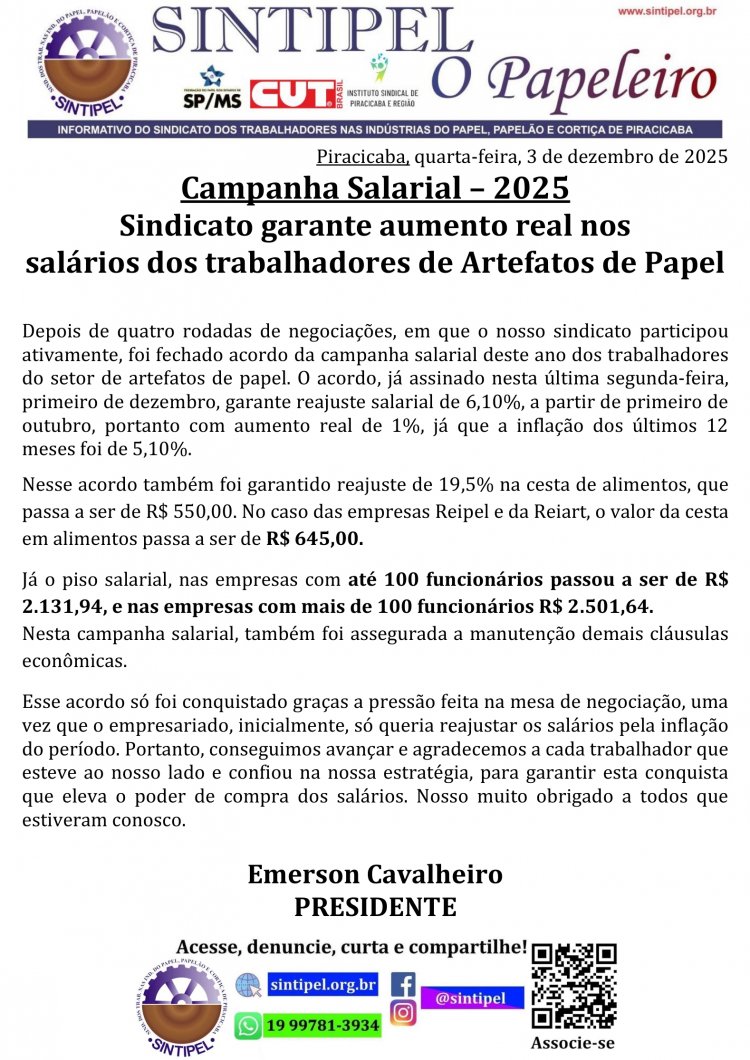 Campanha Salarial ? 2025 Sindicato garante aumento real nos salários dos trabalhadores