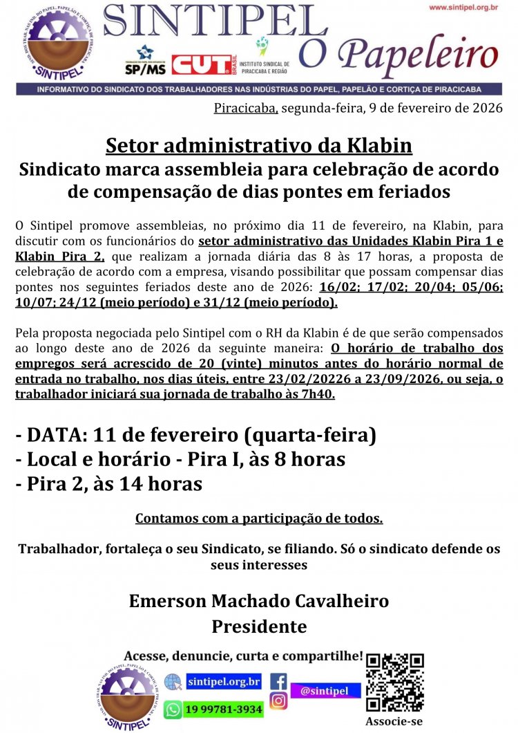Setor administrativo da Klabin Sindicato marca assembleia para celebração de acordo de compensação de dias pontes em feriado