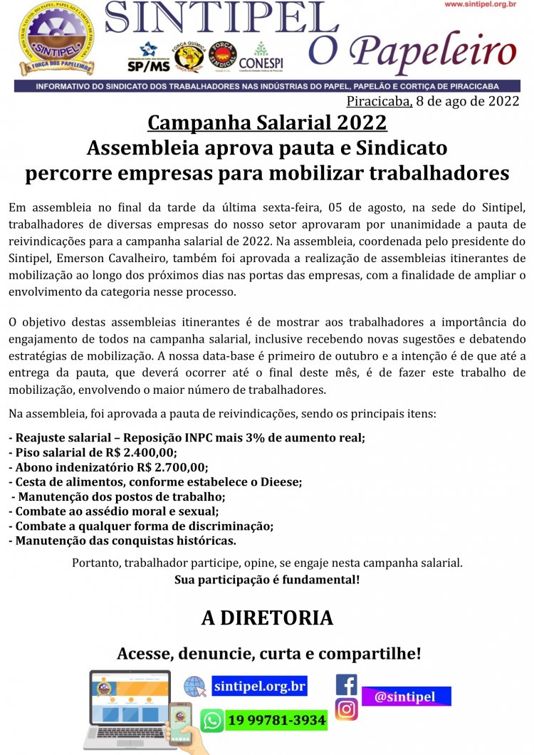 Assembleia aprova pauta e Sindicato percorre empresas para mobilizar