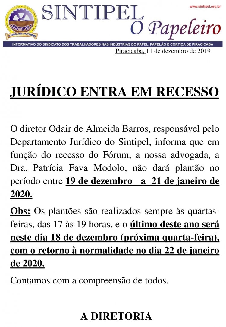 JURÍDICO ENTRA EM RECESSO