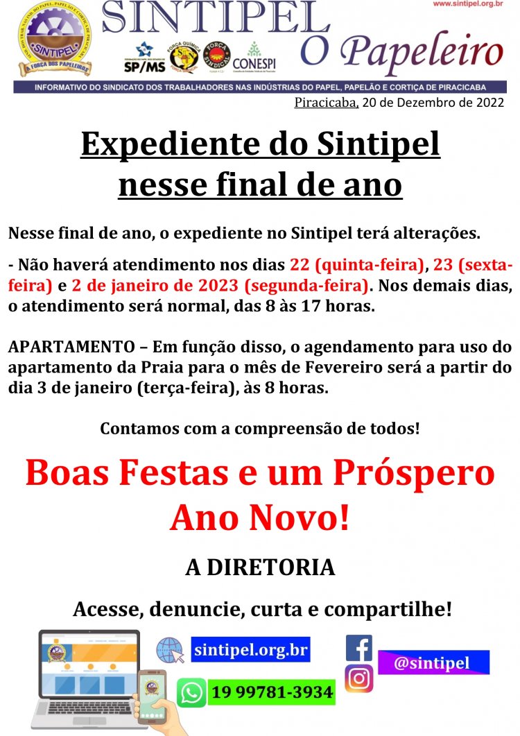 Expediente do Sintipel nesse final de