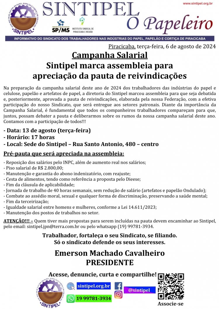 Campanha Salarial Sintipel marca assembleia para apreciação da