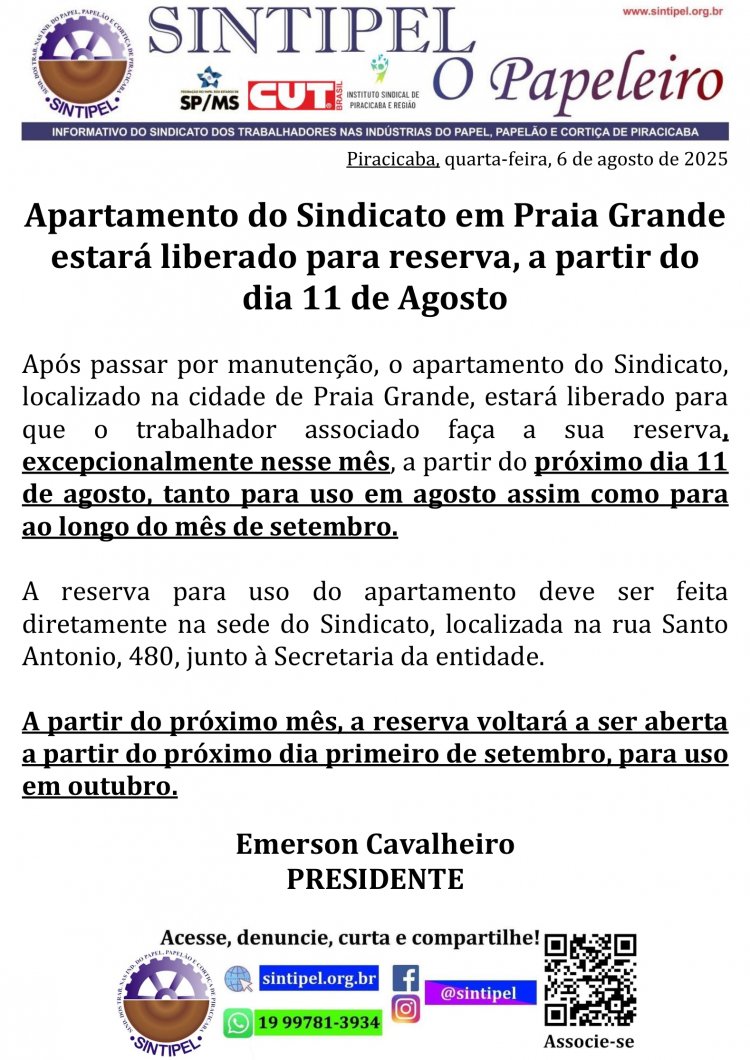 Apartamento do Sindicato em Praia Grande estará liberado para