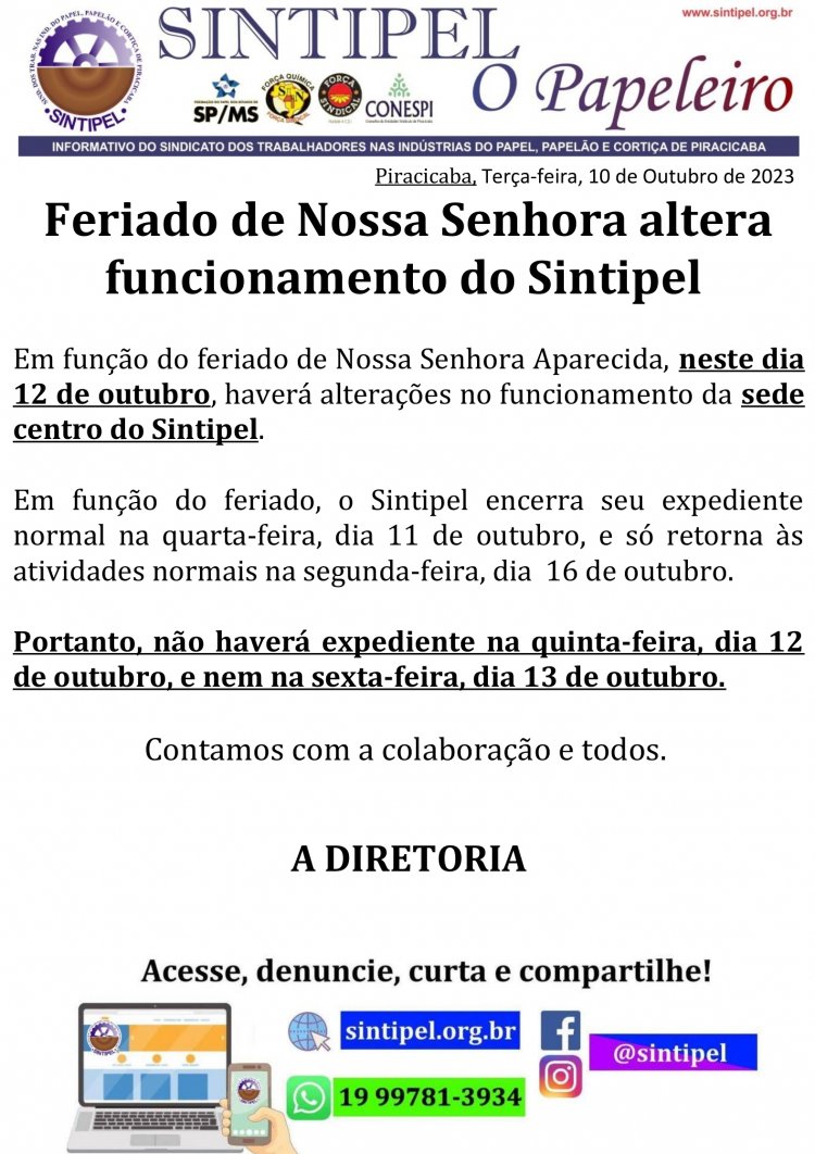 Feriado de Nossa Senhora altera funcionamento do