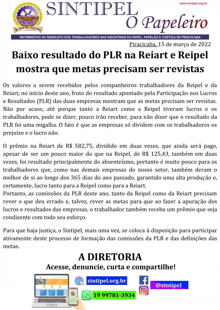 Baixo resultado do PLR na Reiart e Reipel mostra que metas precisam