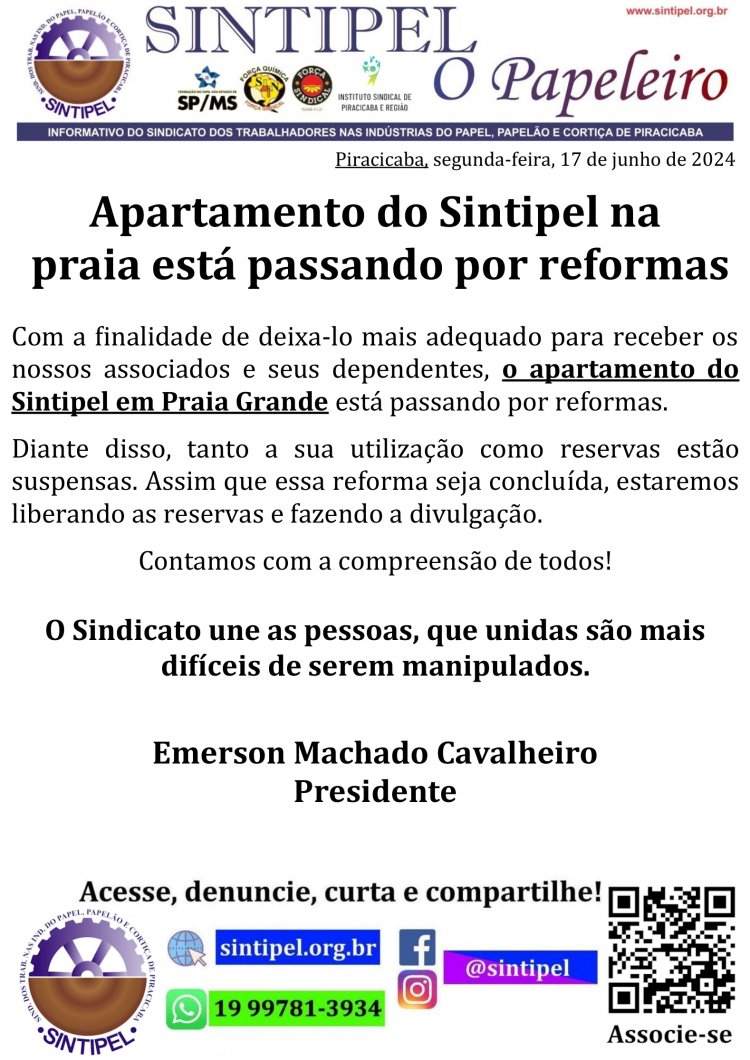 Apartamento do Sintipel na praia está passando por