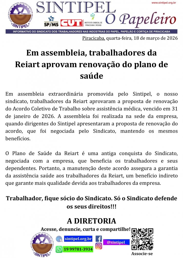 Em assembleia, trabalhadores da Reiart aprovam renovação do plano de
