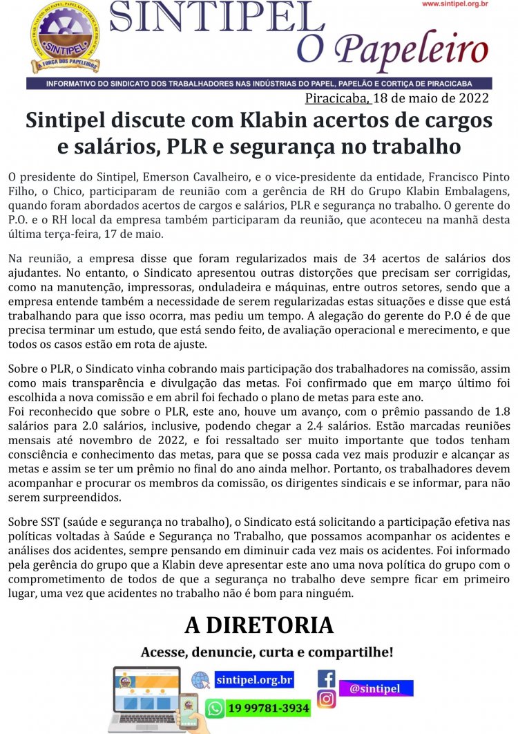 Sintipel discute com Klabin acertos de cargos e salários, PLR e