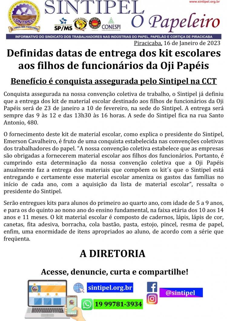 Definidas datas de entrega dos kit escolares aos filhos de