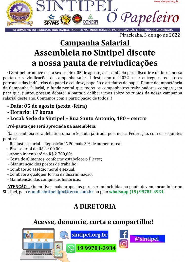 Campanha Salarial  Assembleia no Sintipel discute a nossa pauta de