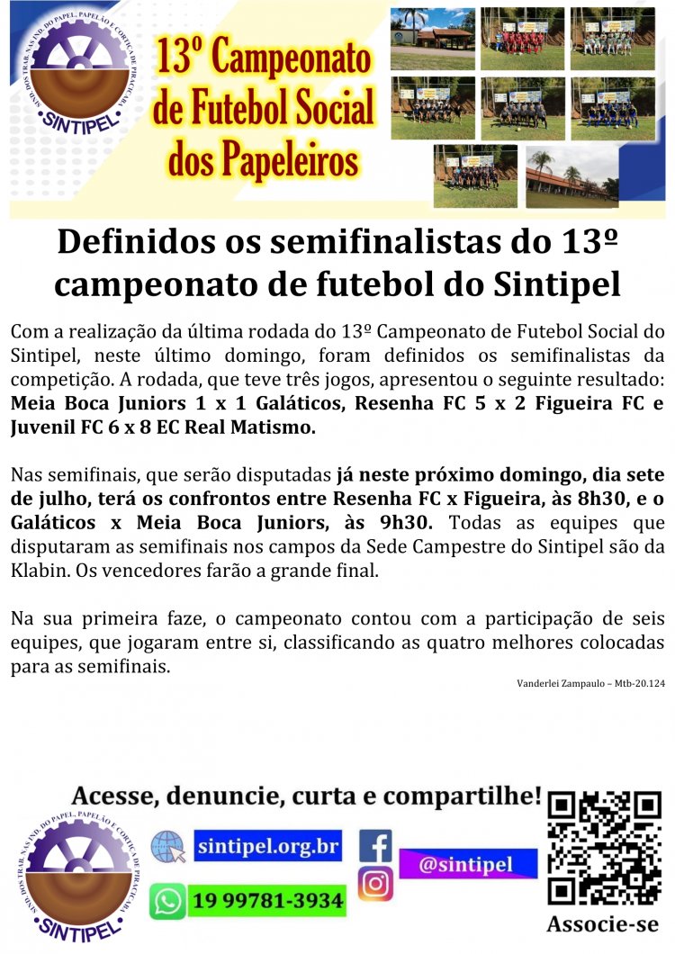 Definidos os semifinalistas do 13º campeonato de futebol do
