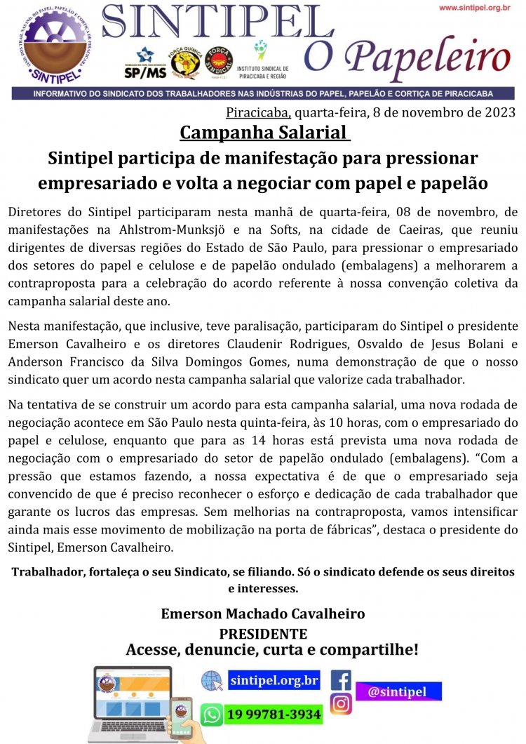 Sintipel participa de manifestação para pressionar empresariado e volta a negociar com papel e papelão