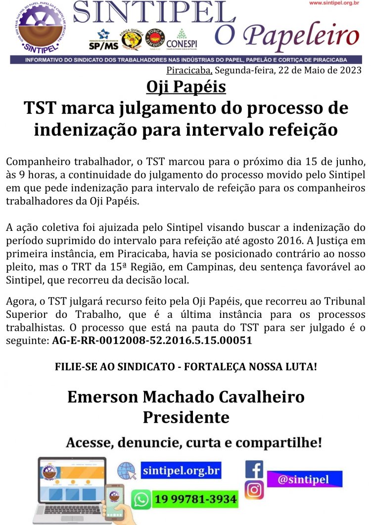 TST marca julgamento do processo de indenização para intervalo refeição