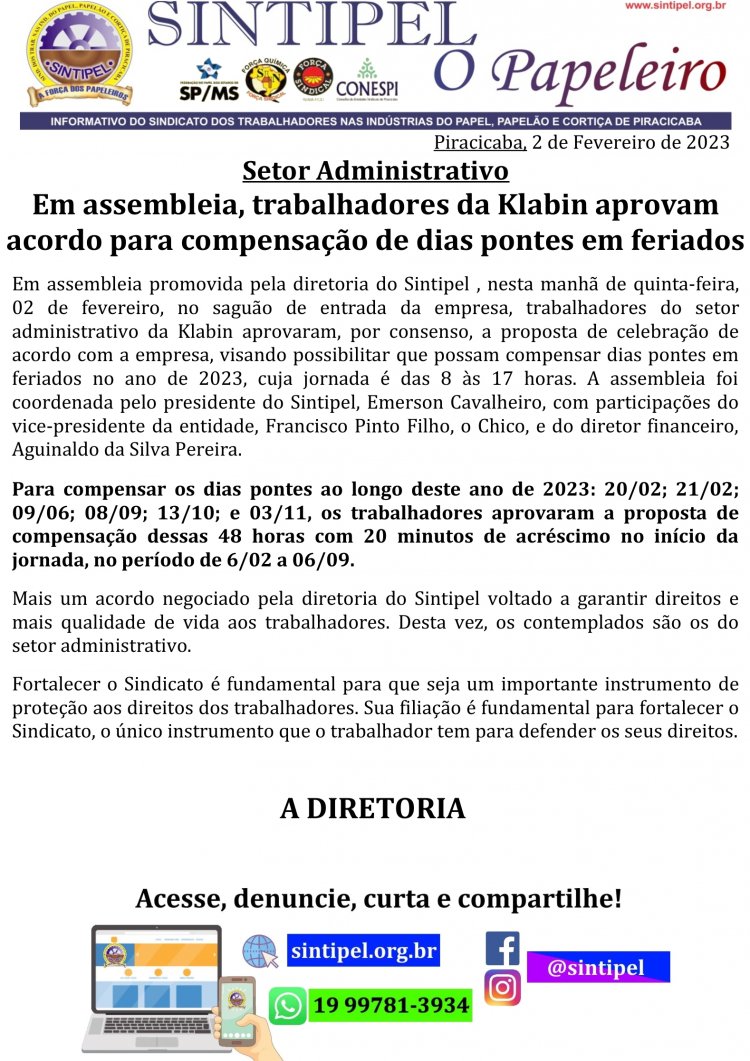 Em assembleia, trabalhadores da Klabin aprovam acordo para compensação de dias pontes em feriados