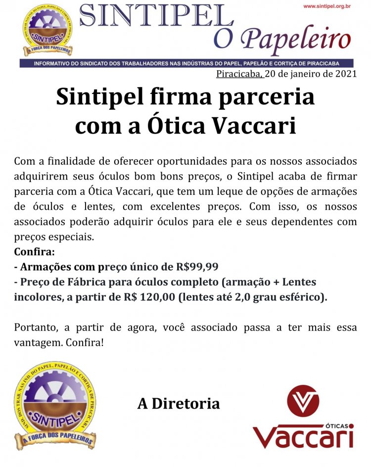 Sintipel firma parceria com a Ótica