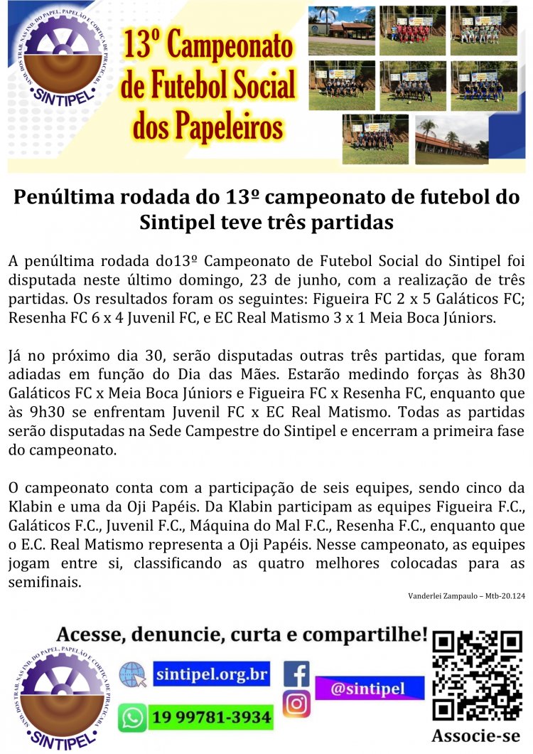 Penúltima rodada do 13º campeonato de futebol do Sintipel teve