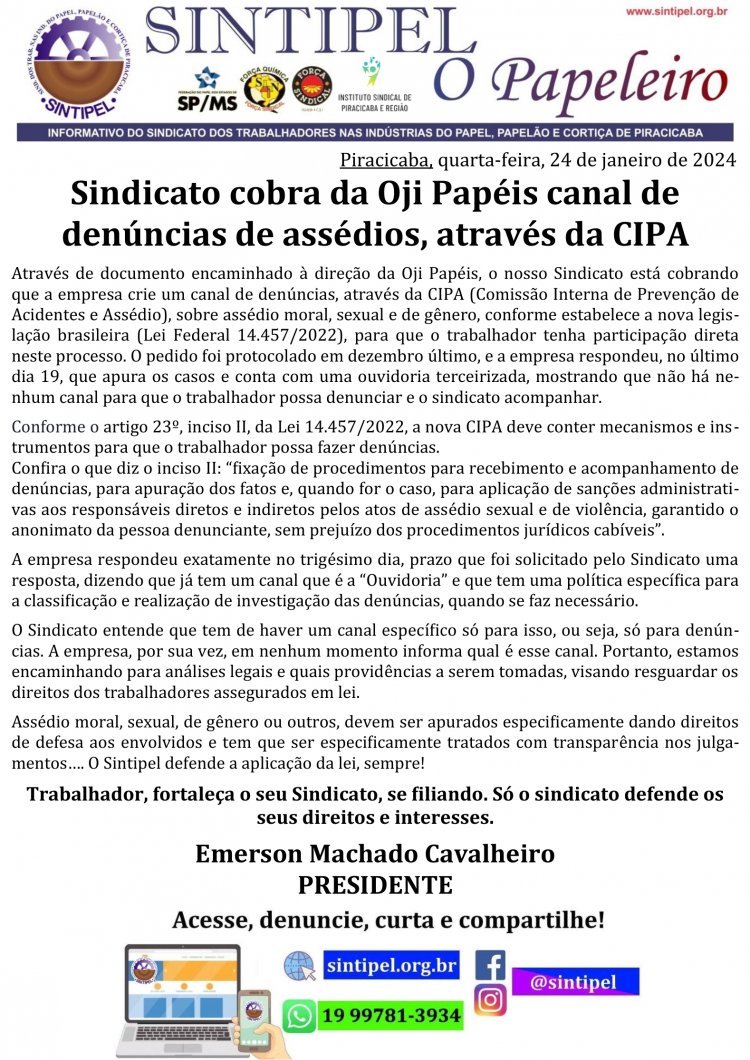 Sindicato cobra da Oji Papéis canal de denúncias de assédios, através da CIPA