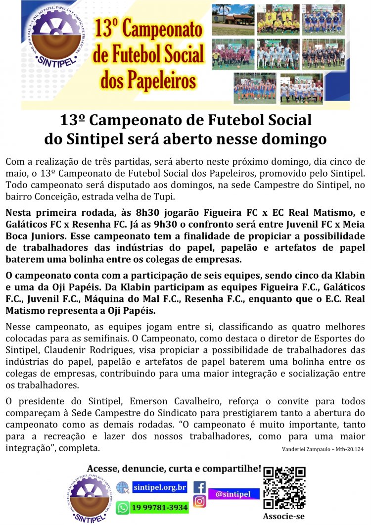 13º Campeonato de Futebol Social do Sintipel será aberto nesse