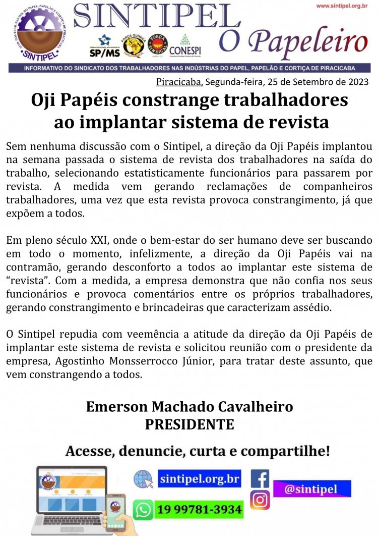 Oji Papéis constrange trabalhadores ao implantar sistema de