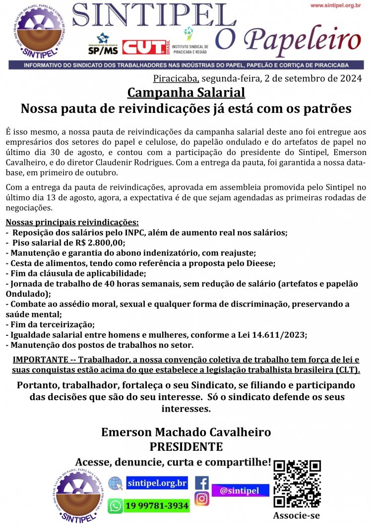 Campanha Salarial Nossa pauta de reivindicações já está com os patrões