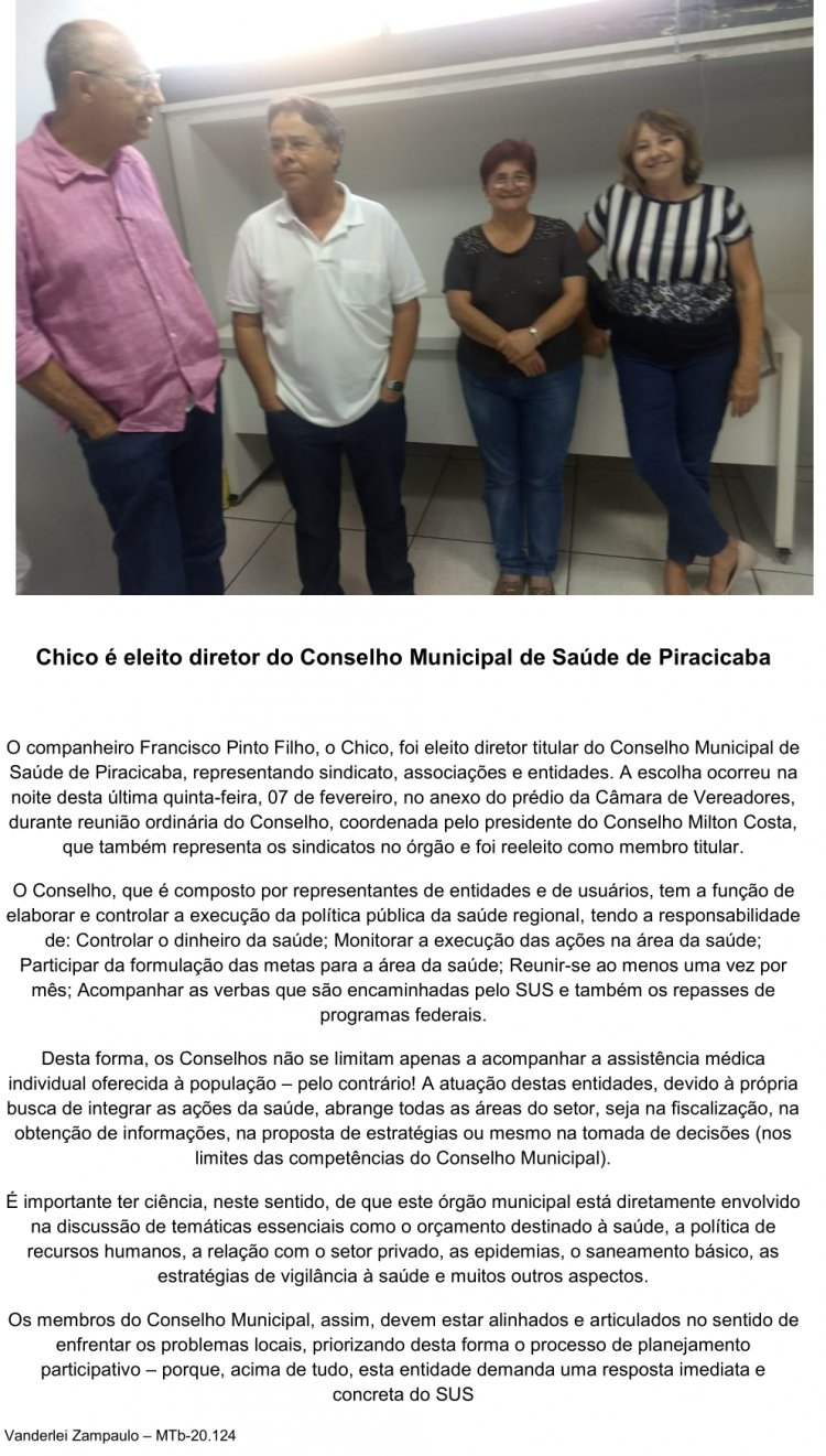 Chico é eleito diretor do Conselho Municipal de Saúde de Piracicaba